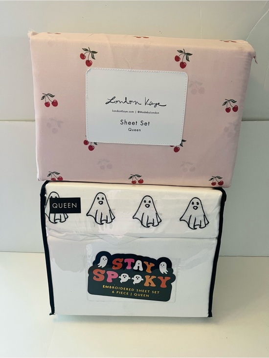 Stay Spooky and London Kaye Other - Stay Spooky & London Kaye Lot of 2 Queen Sheet Sets Embroidered Ghosts Cherries
